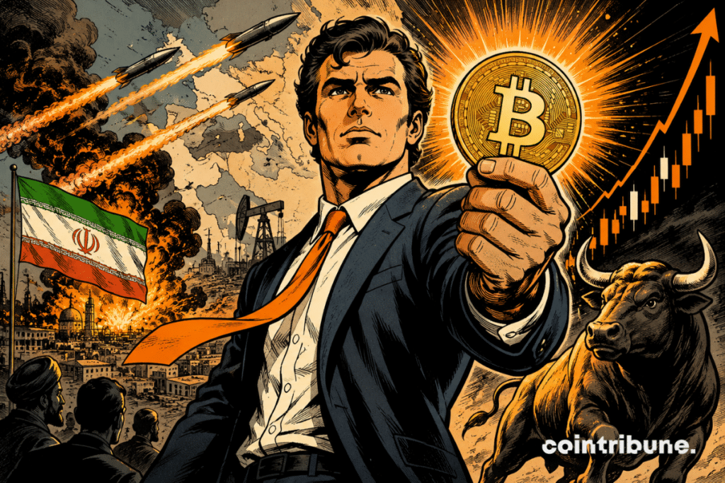 Un investisseur brandit un Bitcoin rayonnant tandis que missiles, fumée et taureau symbolisent la résilience spectaculaire des cryptomonnaies face aux tensions.