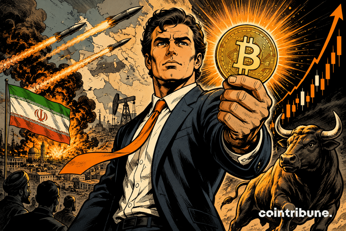 Un investisseur brandit un Bitcoin rayonnant tandis que missiles, fumée et taureau symbolisent la résilience spectaculaire des cryptomonnaies face aux tensions.