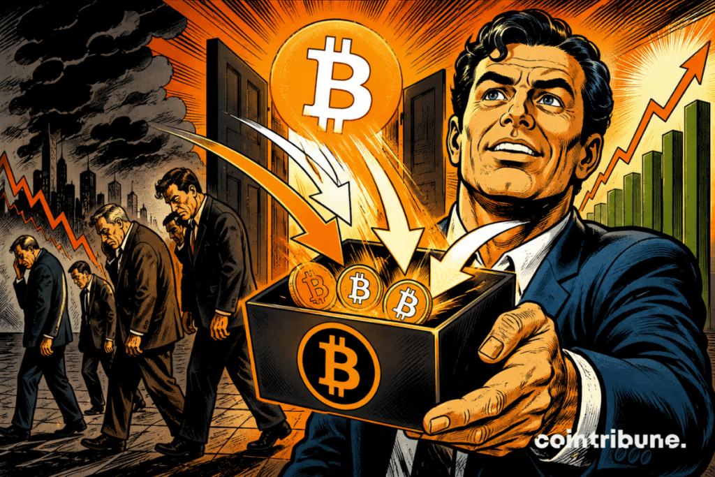 Ilustração em estilo quadrinhos dos anos 70: os investidores recuperam a confiança, os capitais afluem para o Bitcoin, clima otimista, contrastes entre preto e laranja, movimento dinâmico, recuperação acentuada.