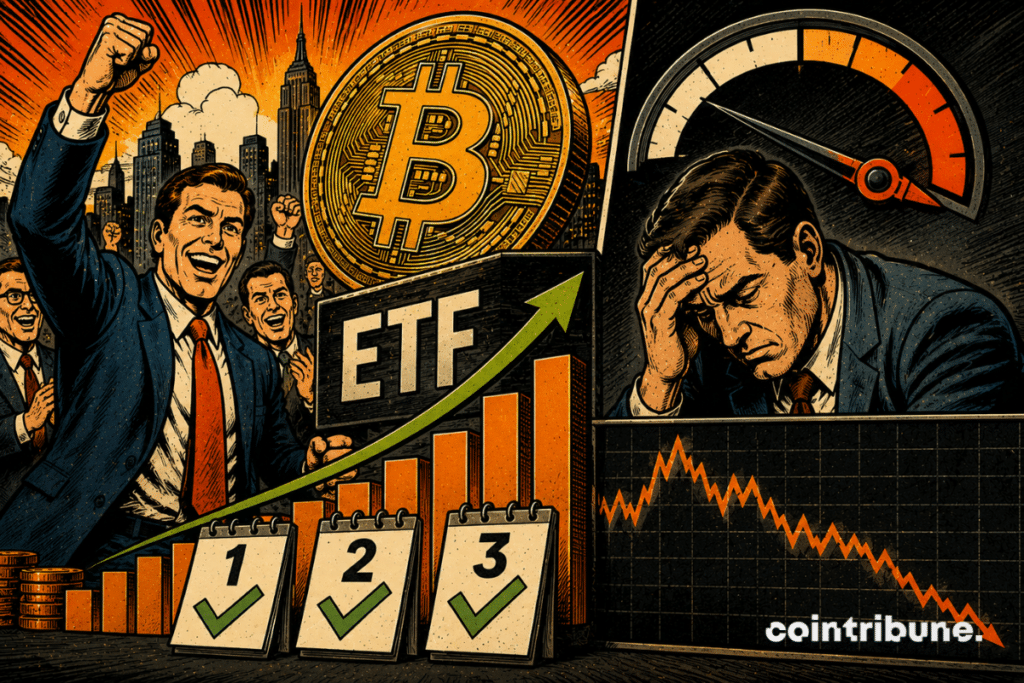 A retro comic-style illustration showing Bitcoin ETFs extending their winning streak, while investor enthusiasm is gradually beginning to wane.