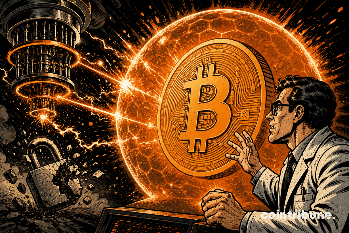 A retro comic-style illustration showing a Bitcoin protected by a quantum shield, fending off a futuristic attack using a new cryptographic defense.