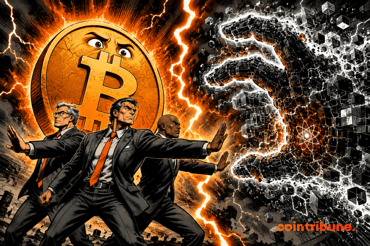 Trois dirigeants protègent Bitcoin d'une gigantesque main représentant la menace quantique