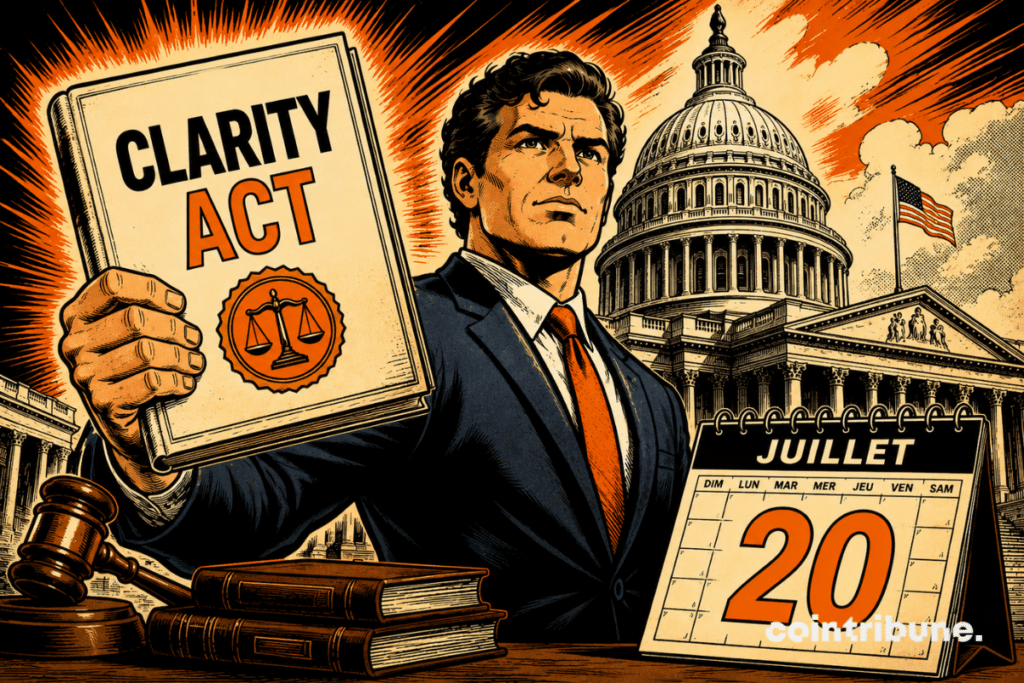 The Capitol dominates the scene as an official holds up a legislative file on the CLARITY Act, announcing a new regulatory milestone expected on July 20.