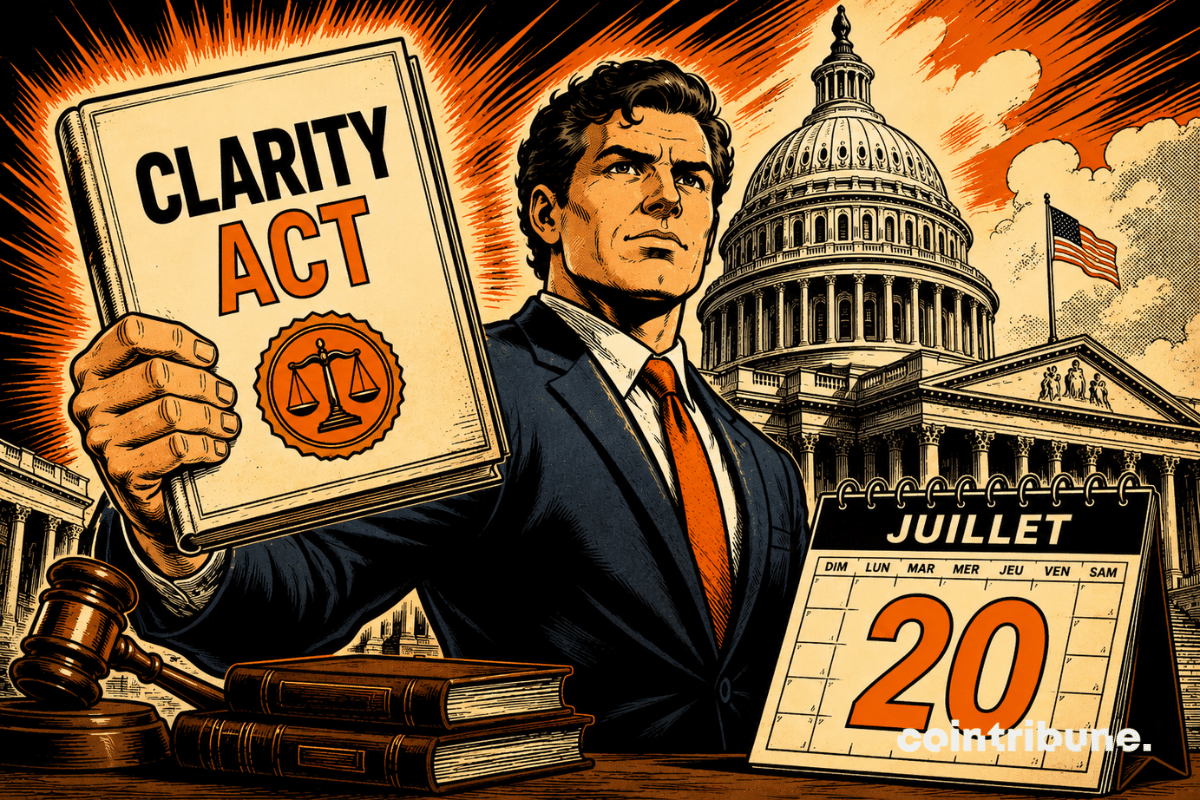Le Capitole domine la scène tandis qu’un responsable brandit un dossier législatif de CLARITY Act, annonçant une nouvelle étape réglementaire attendue le 20 juillet.