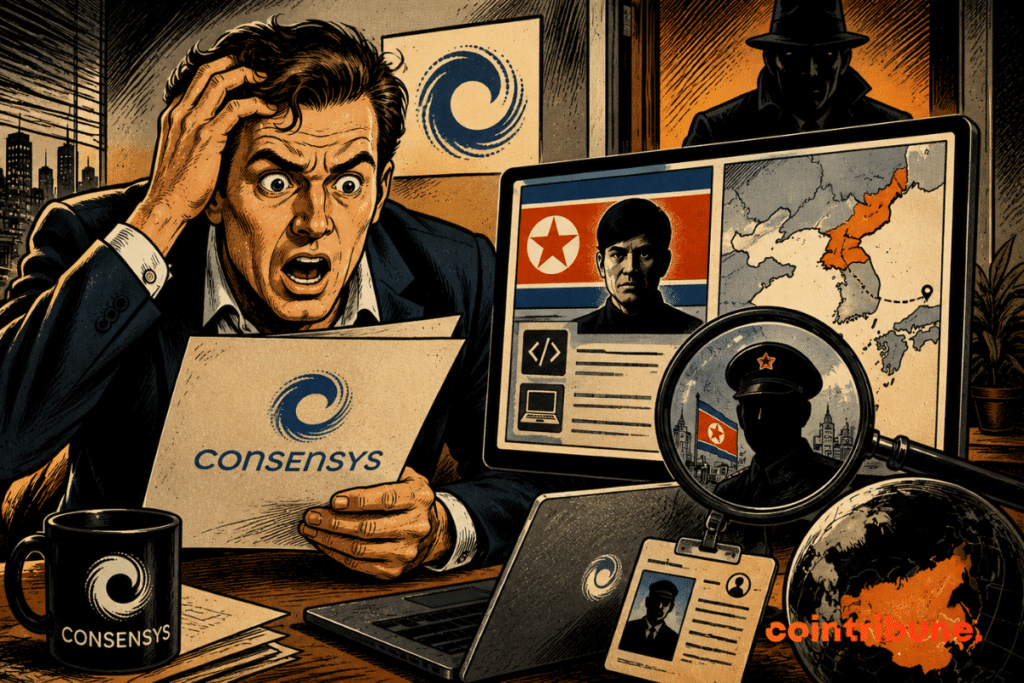 Vintage comic illustration: A recruiter is stunned to discover that a developer with ties to North Korea has infiltrated Consensys without his knowledge.