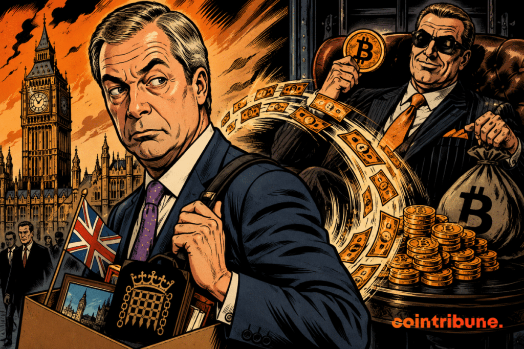Illustration of Nigel Farage leaving the UK Parliament, featuring crypto, Bitcoin, and donations from a crypto billionaire at the center of the controversy.