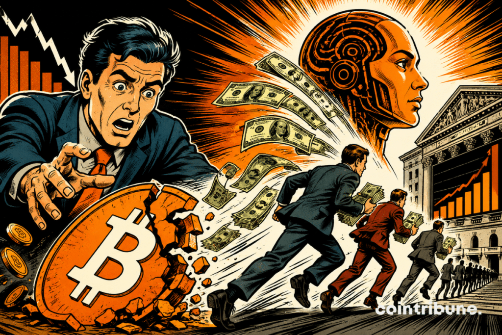 Illustration comics années 70 montrant des capitaux fuyant le Bitcoin et crypto brisé vers l’intelligence artificielle et les marchés boursiers en plein essor.
