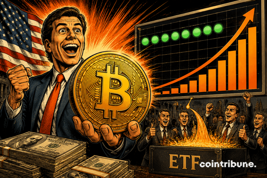 A retro comic-style illustration depicting the massive influx of capital into Bitcoin ETFs, driven by exceptional and sustained investment momentum.