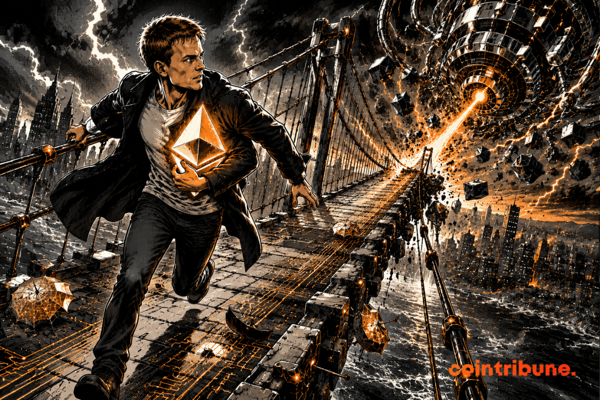 Vitalik Buterin flees across a bridge, protecting Ethereum from a quantum attack