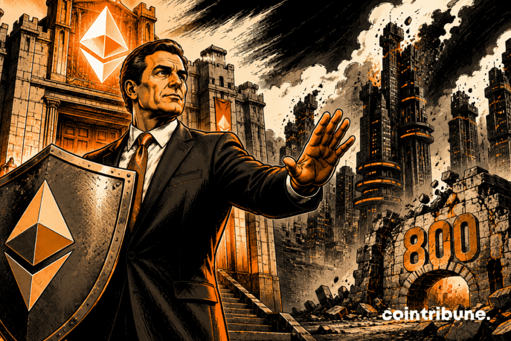 Un dirigeant protège une forteresse symbolique tandis qu’une cité voisine s’effondre, illustrant deux trajectoires opposées dans l’écosystème blockchain Solana et Ethereum.