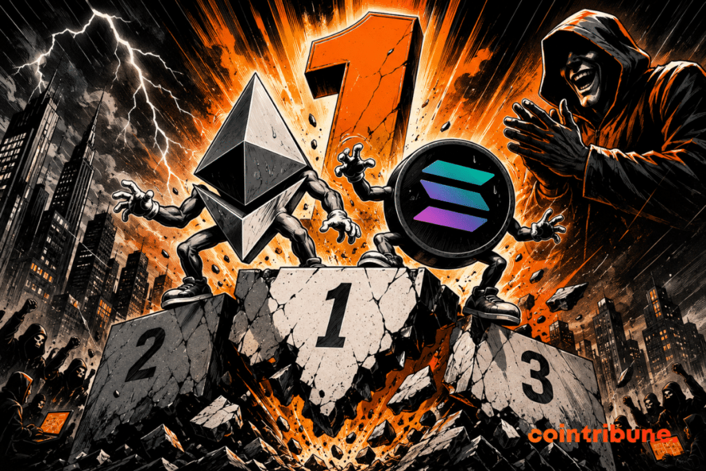 Ethereum and Solana collapse on a podium as a crypto hacker watches