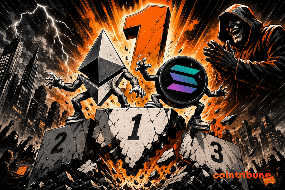 Ethereum and Solana collapse on a podium as a crypto hacker watches