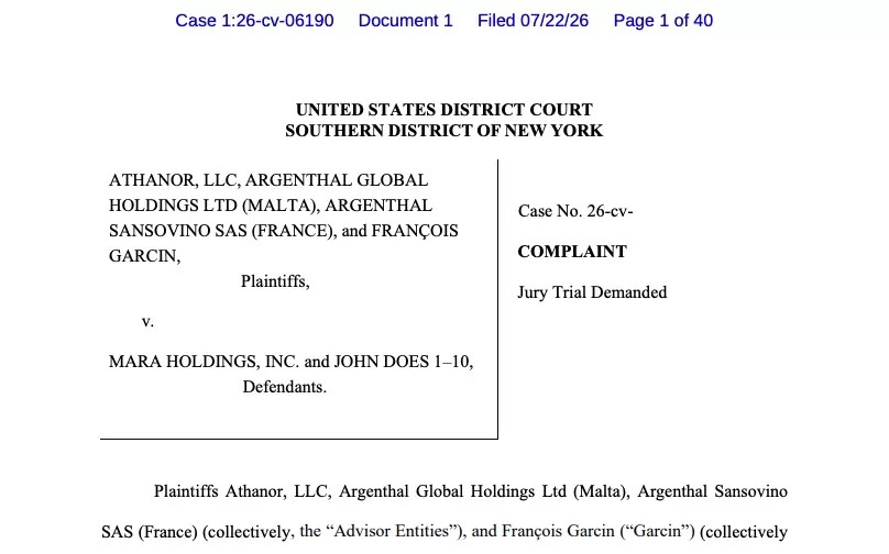 Primera página de la denuncia presentada en Nueva York contra MARA, en la que los demandantes afirman que el proyecto de minería de Bitcoin formaba parte de la estrategia vinculada a la compra de Exaion desde 2025.