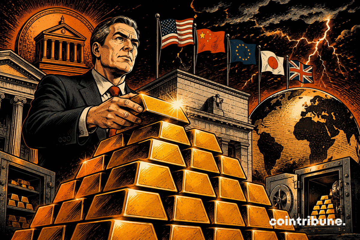 A retro comic-style illustration showing central banks accumulating gold reserves, a symbol of caution in the face of persistent global economic uncertainties.