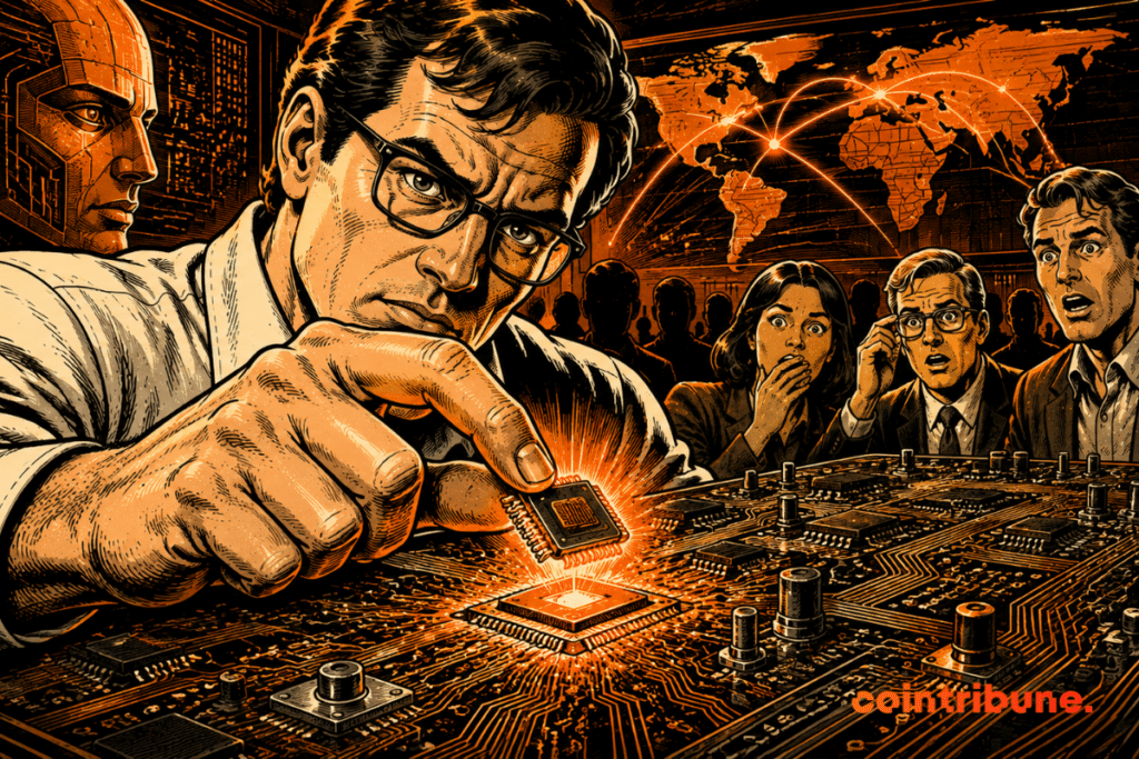 An AI engineer at Anthropic removes a controversial chip from a circuit board, as surprised onlookers watch in a futuristic tech room.