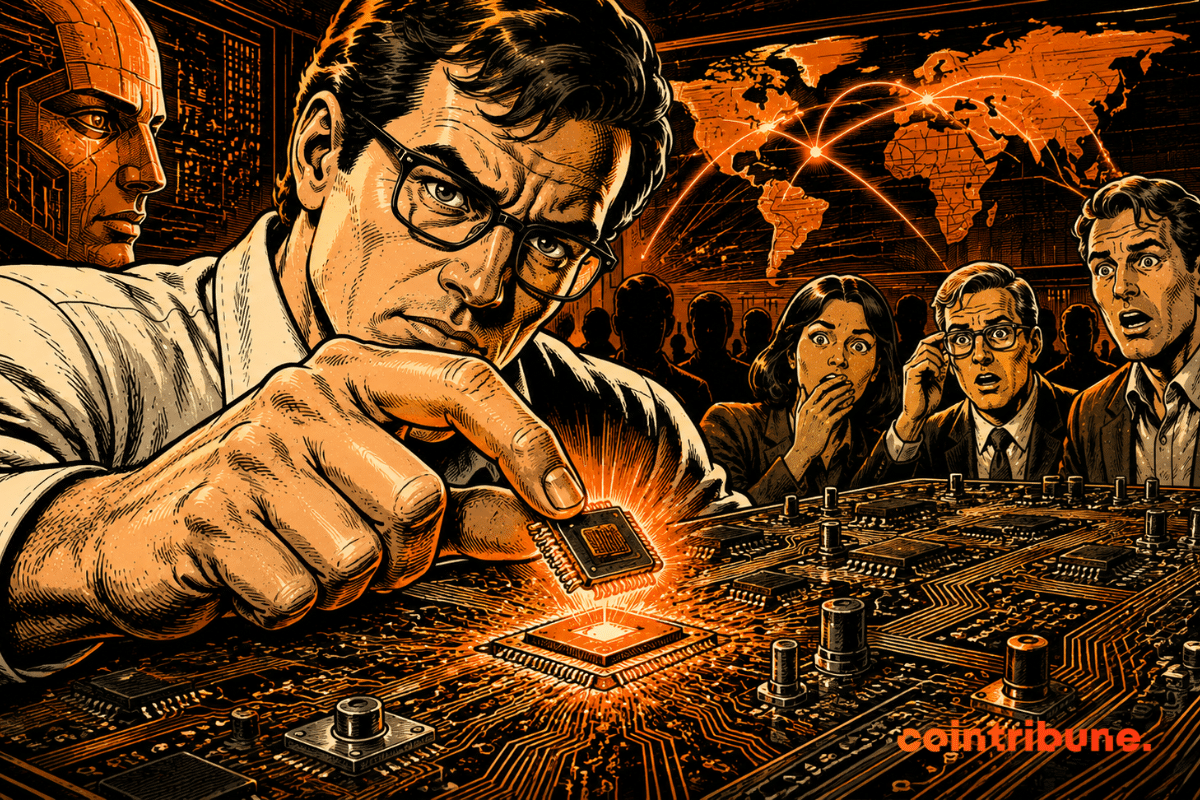 Un ingénieur IA chez Anthropic retire une puce controversée d’un circuit, sous les regards surpris d’observateurs dans une salle technologique futuriste.