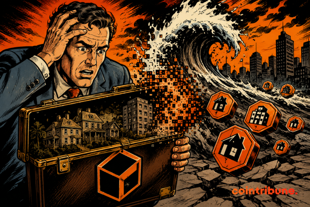 Dramatic illustration of a distressed investor holding a suitcase filled with real estate assets as a massive wave sweeps away tokenized property tokens, symbolizing RealT's portfolio liquidation and the crisis in tokenized real estate.