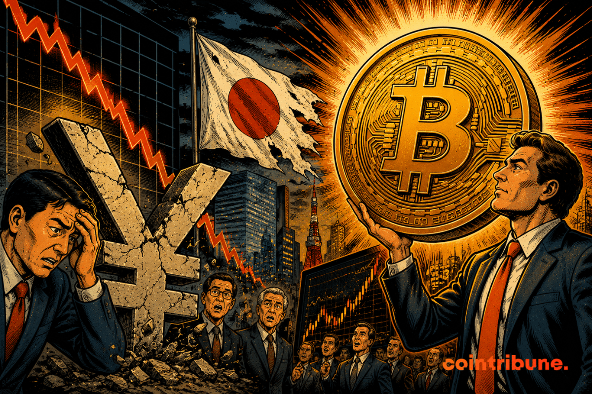 Illustration comics rétro opposant l'effondrement historique du yen à l'essor du Bitcoin, redevenu une alternative majeure face aux incertitudes monétaires.