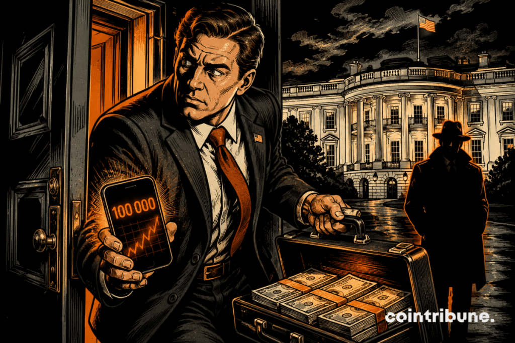 A retro comic-style illustration showing a Trump aide quietly leaving the White House, under the gaze of a mysterious witness, after a controversial win. Source: Fenelon