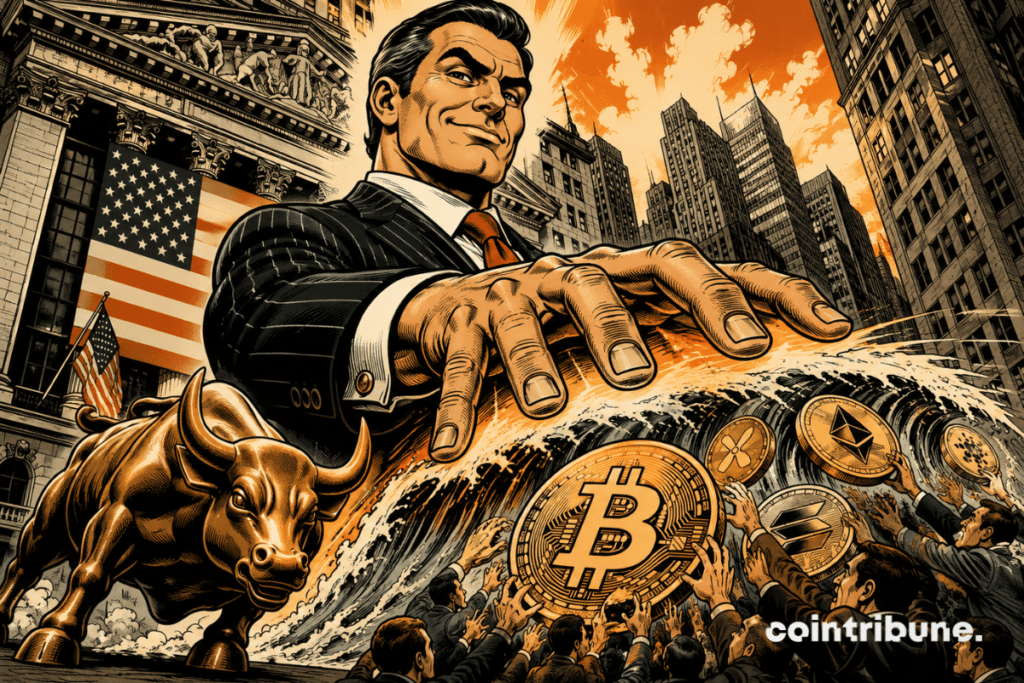 Illustration représentant Wall Street dominant le marché Crypto, avec un investisseur institutionnel surplombant Bitcoin, Ethereum et Solana devant la Bourse de New York, symbole de la montée en puissance des institutions.
