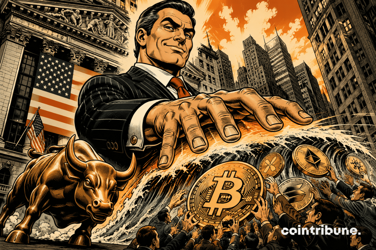 Illustration représentant Wall Street dominant le marché Crypto, avec un investisseur institutionnel surplombant Bitcoin, Ethereum et Solana devant la Bourse de New York, symbole de la montée en puissance des institutions.