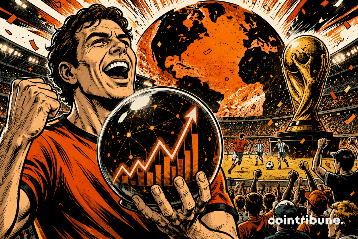 Illustration d'un supporter célébrant la Coupe du monde devant un graphique haussier sur une sphère numérique, symbolisant la forte croissance des marchés prédictifs basés sur la blockchain.