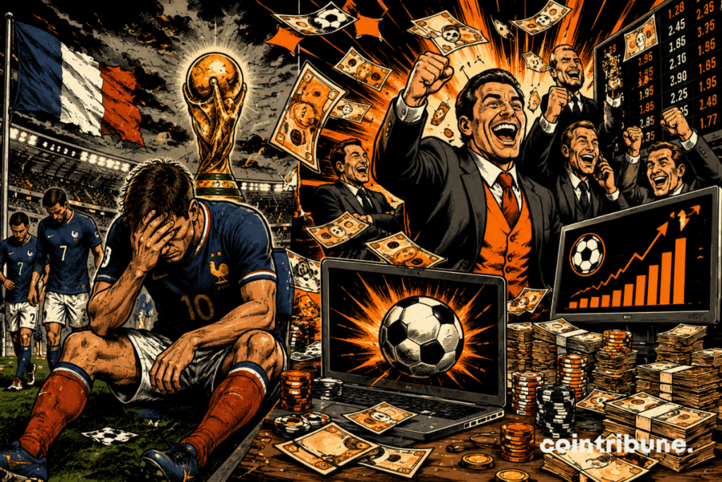 A retro comic-style illustration contrasting the despair of French players with the euphoria of bookmakers, symbolizing losses avoided thanks to France's elimination from the World Cup.
