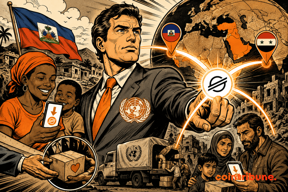 Illustration of the UNDP using Stellar to expand on-chain payments in Haiti and Syria through humanitarian programs.