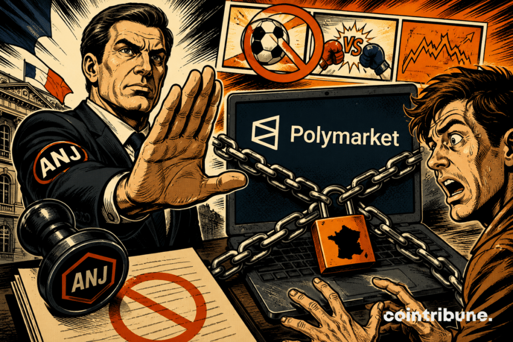 Vintage comic book illustration: The ANJ blocks access to Polymarket in France, while a stunned user watches as the platform is taken down.