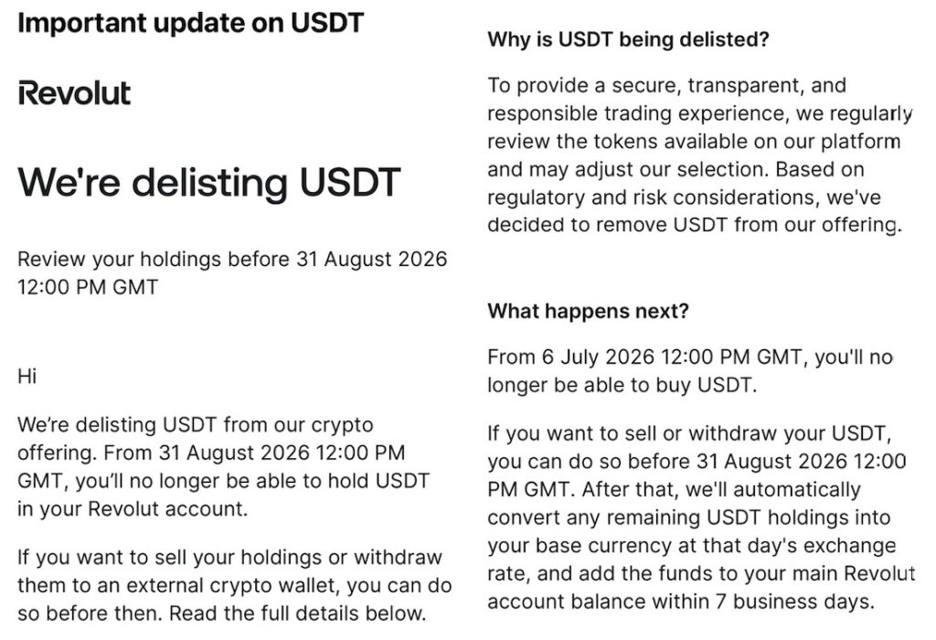 Screenshot of an email from Revolut announcing the delisting of USDT from its platform, including main deadlines and regulatory explanations.