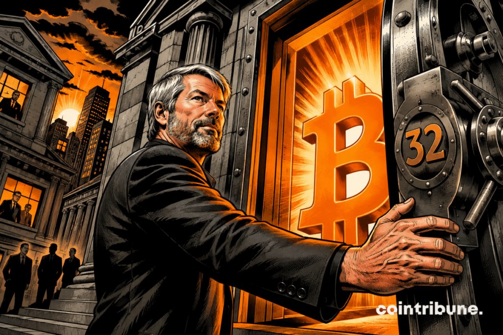A 1970s-style comic book illustration showing a leader opening the symbolic Bitcoin vault, as banks begin to adopt it.