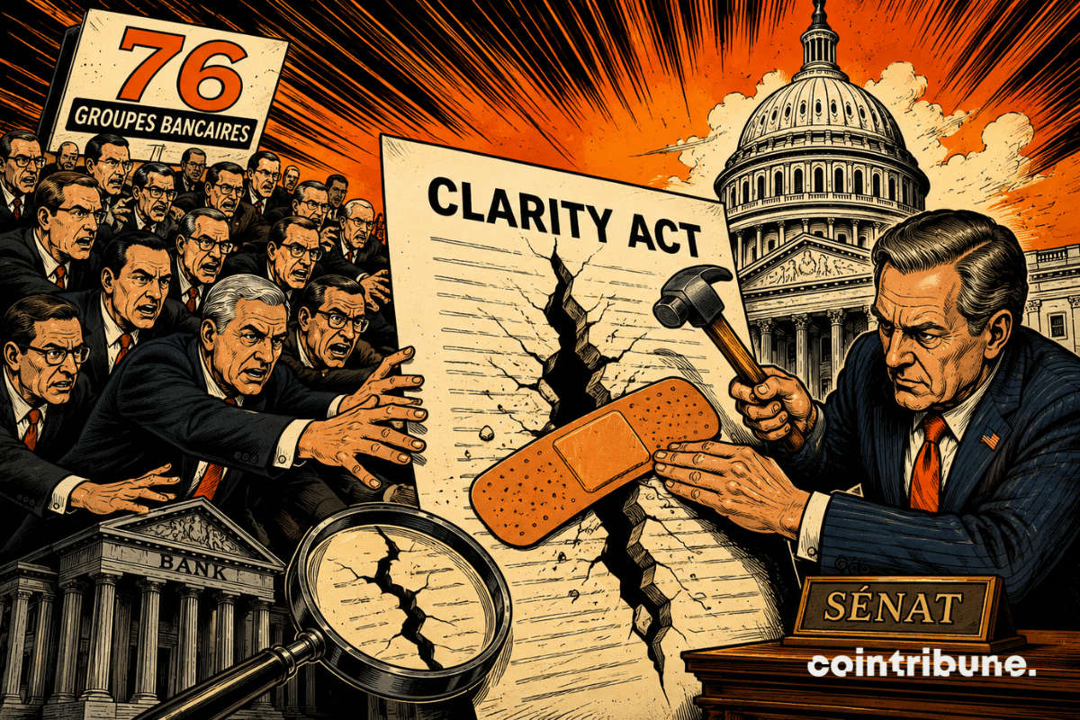 Illustration comics 70s du Clarity Act : banquiers font pression sur le Sénat pour réparer une faille législative, Capitole en arrière-plan, ambiance tendue orange.