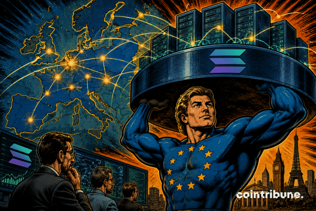 A retro comic-style illustration depicting Europe strengthening Solana's infrastructure, with interconnected data centers and growing blockchain activity.
