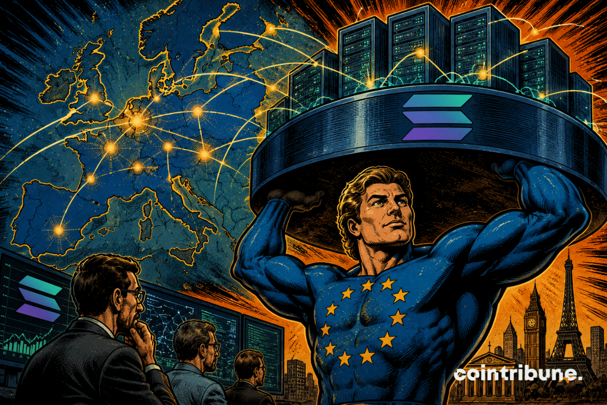 A retro comic-style illustration depicting Europe strengthening Solana's infrastructure, with interconnected data centers and growing blockchain activity.