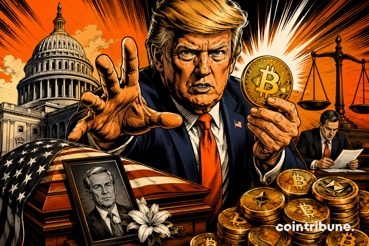 Illustration comics 70s : Trump tend un bitcoin devant le Capitole, cercueil drapé américain, balance judiciaire, tension politique, forts contrastes orange noir.