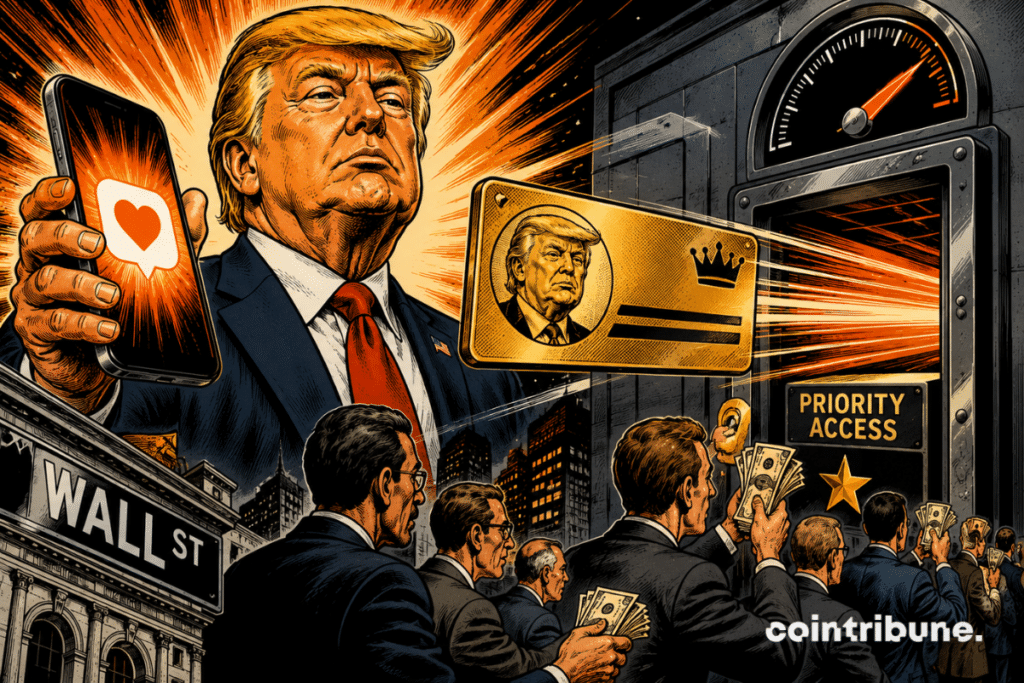 A retro comic-style illustration depicting Donald Trump delivering an urgent message, while investors scramble for ultra-fast access to Wall Street.