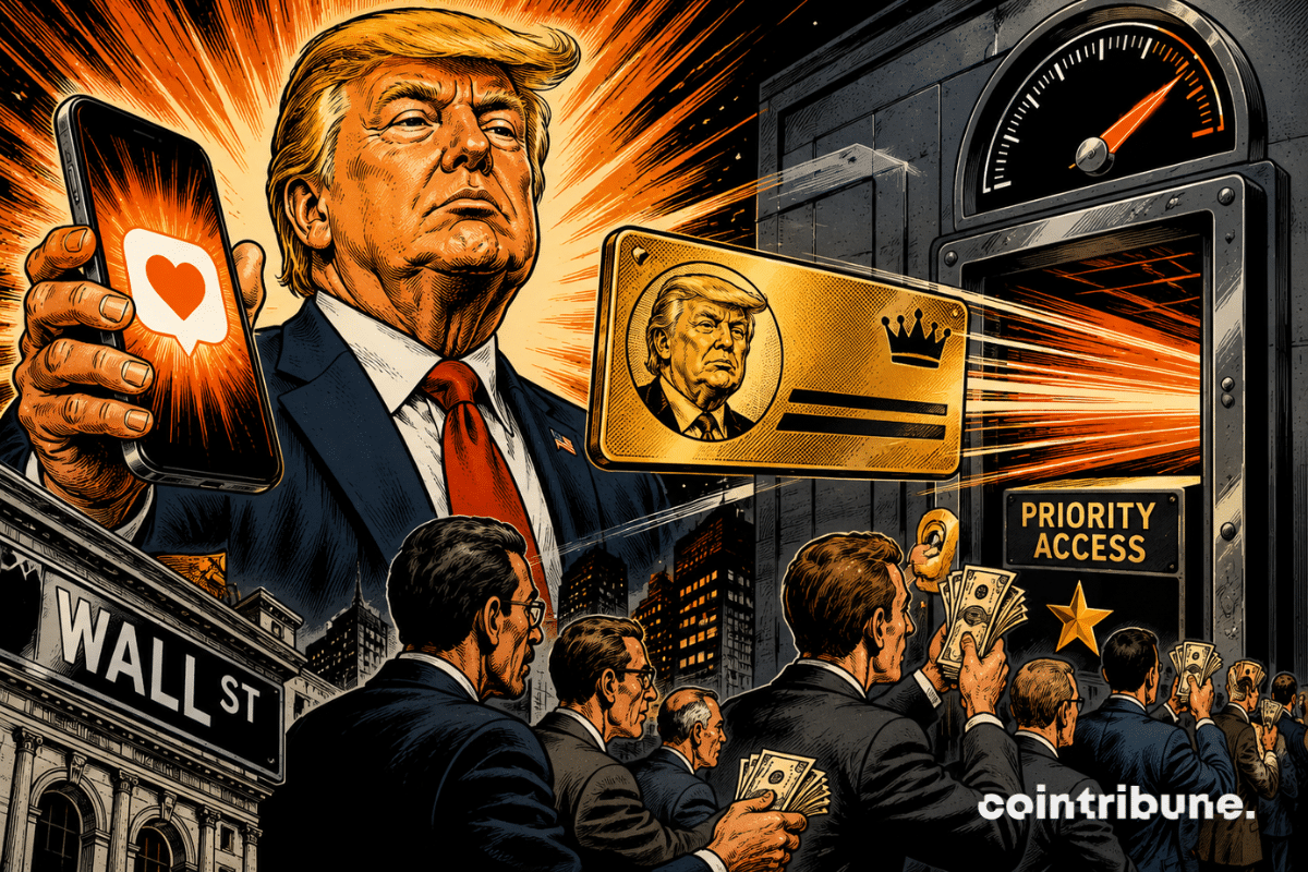 Illustration comics rétro représentant Donald Trump diffusant un message prioritaire, tandis que des investisseurs se disputent un accès ultra-rapide à Wall Street.