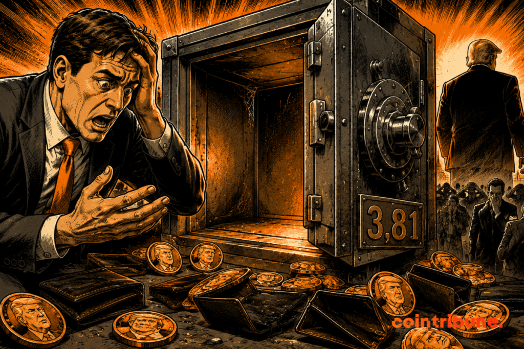 An investor discovers a nearly empty vault of TRUMP tokens, while a figure walks away and digital assets are scattered on the ground.