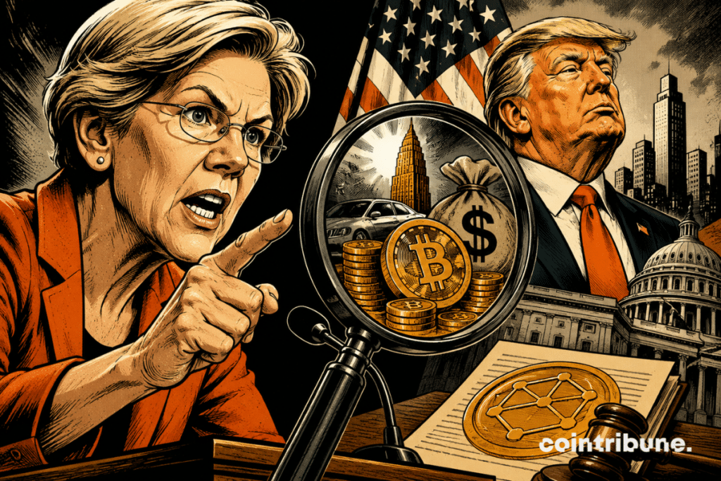 Vintage comic book illustration: Elizabeth Warren demands accountability, while Trump looms in the background, beneath a magnifying glass revealing symbols of cryptocurrency, wealth, and power.