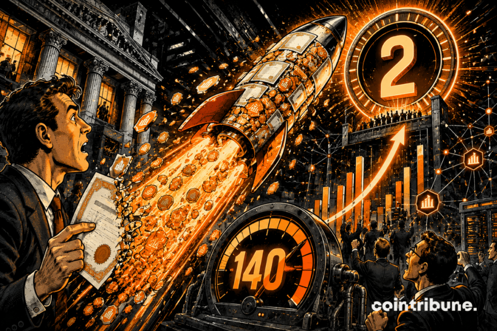 A crypto rocket made of stock certificates and digital tokens launches across a trading floor toward a glowing counter marked 2, with a gauge showing 140.
