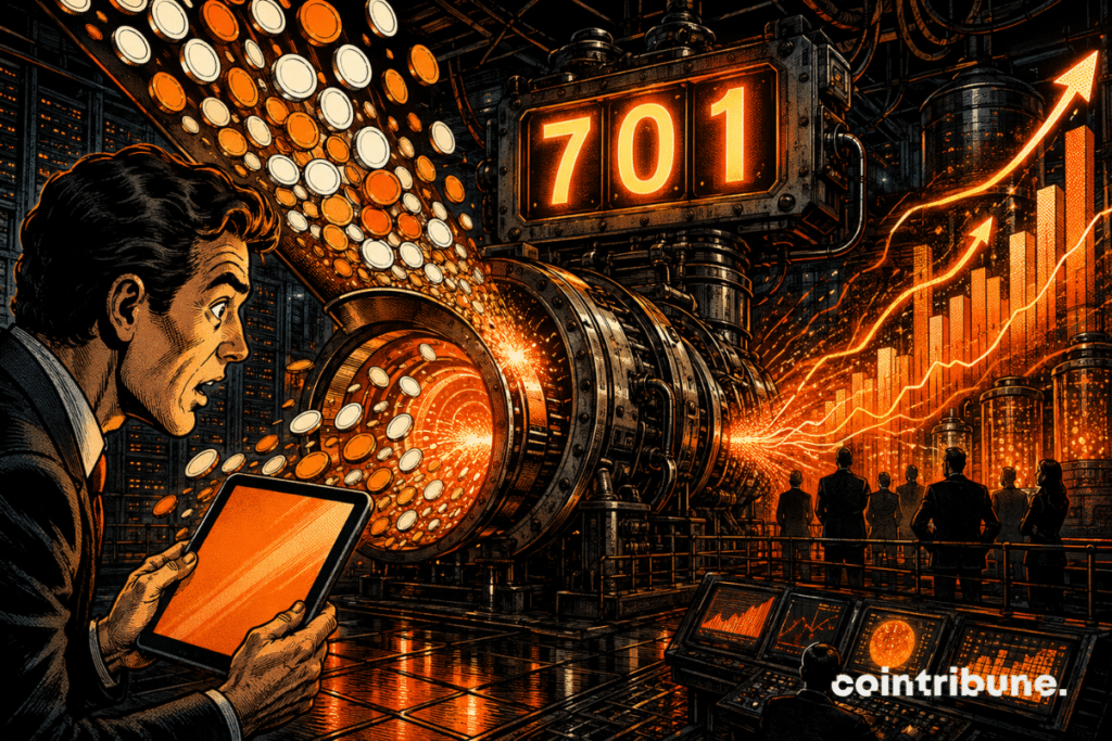 A crypto financial engine transforms stablecoins into rising revenue streams, beneath a counter displaying 701.