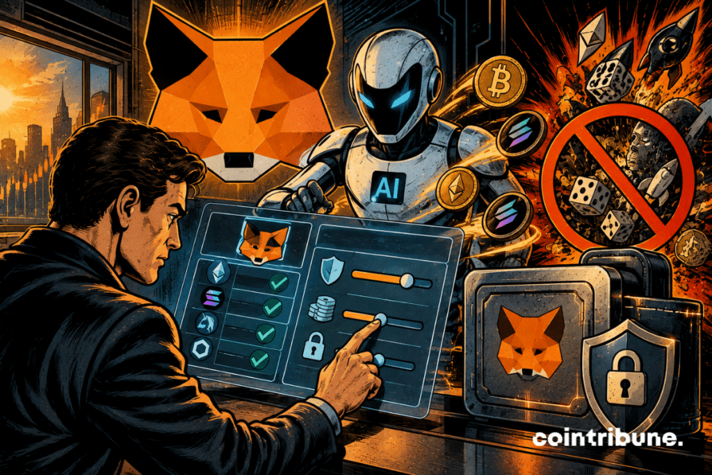 A man is adjusting digital controls in front of a robot, surrounded by cryptocurrencies, padlocks, shields, and symbols indicating prohibited risks.