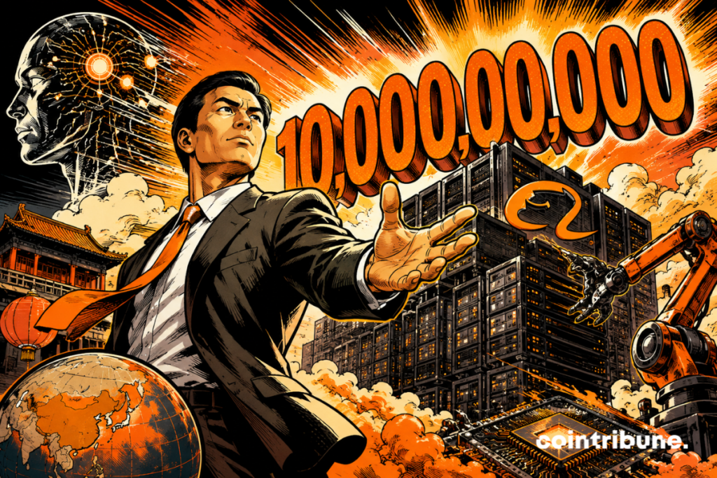 Illustration de Alibaba consacrant 10 milliards de dollars à l’IA, avec des serveurs, des puces électroniques, des robots et une représentation de l’intelligence artificielle.