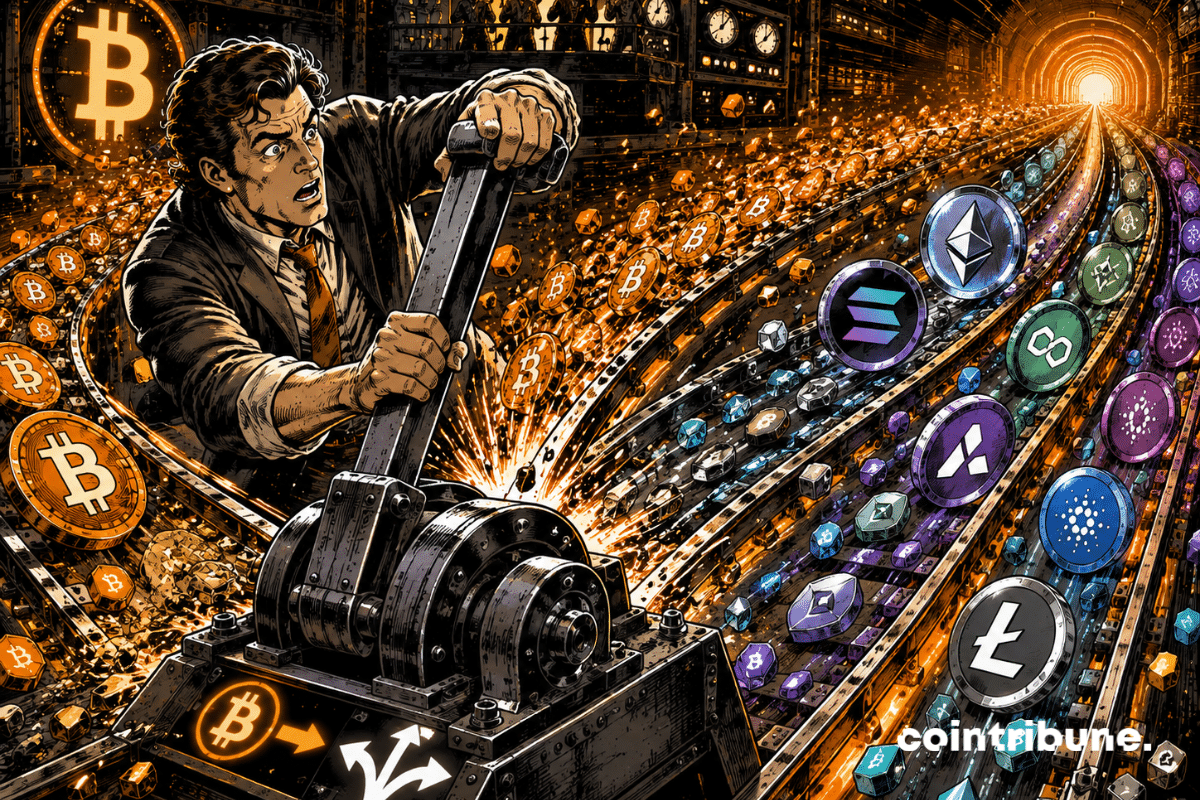 A trader struggles to operate a massive railway switch lever. A torrent of digital coins and blocks traveling along a Bitcoin track is abruptly redirected onto several secondary tracks representing different major altcoin families.