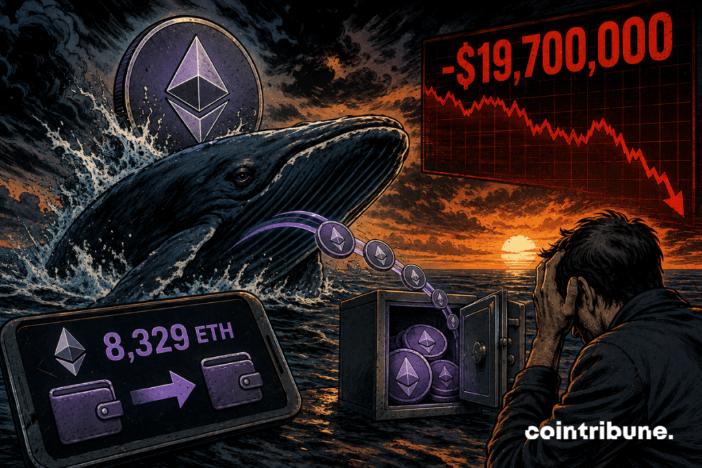 A massive whale looms behind Ethereum, while a desperate man watches as tokens are transferred to a vault and the chart plunges.