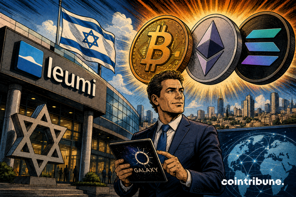 Un homme en costume tient une tablette devant Bank Leumi, entouré du drapeau israélien, Bitcoin, Ethereum, Solana et Galaxy.