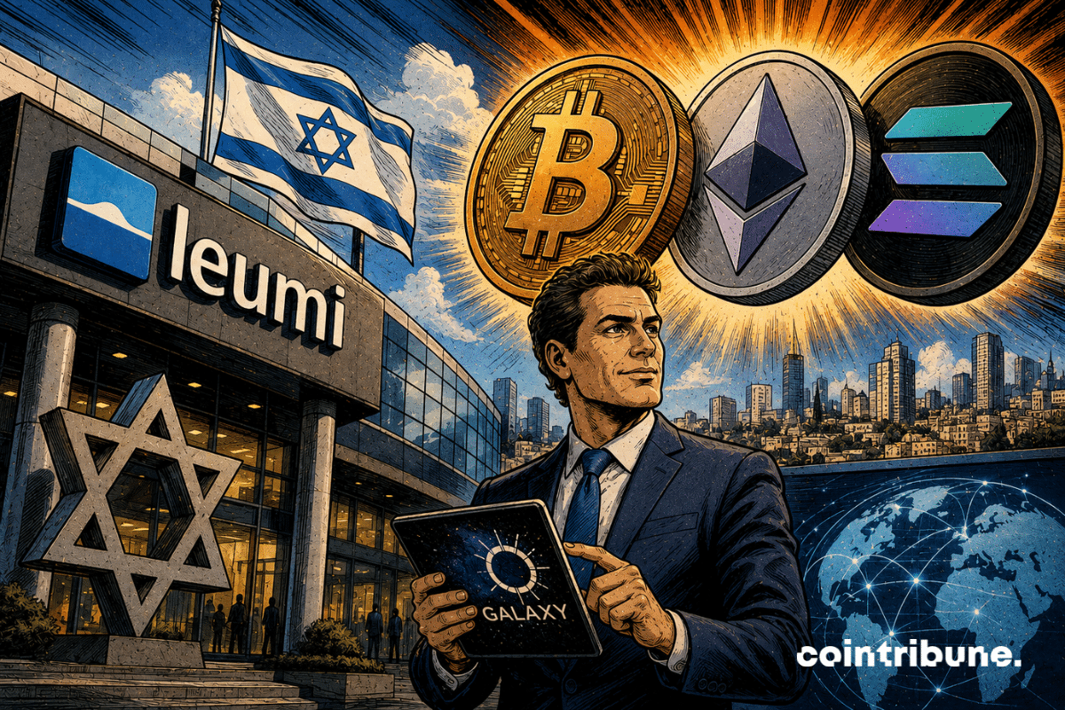 A man in a suit holds a tablet in front of Bank Leumi, surrounded by the Israeli flag, Bitcoin, Ethereum, Solana, and Galaxy.