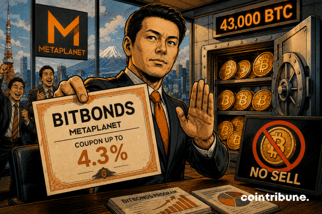 Un dirigeant de Metaplanet présente les BitBonds, tandis qu’un coffre rempli de bitcoins symbolise la conservation assumée des réserves du groupe.