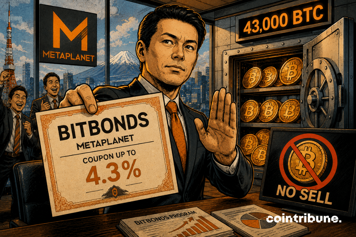 A Metaplanet executive presents the BitBonds, while a safe filled with bitcoins symbolizes the group’s commitment to maintaining its reserves.