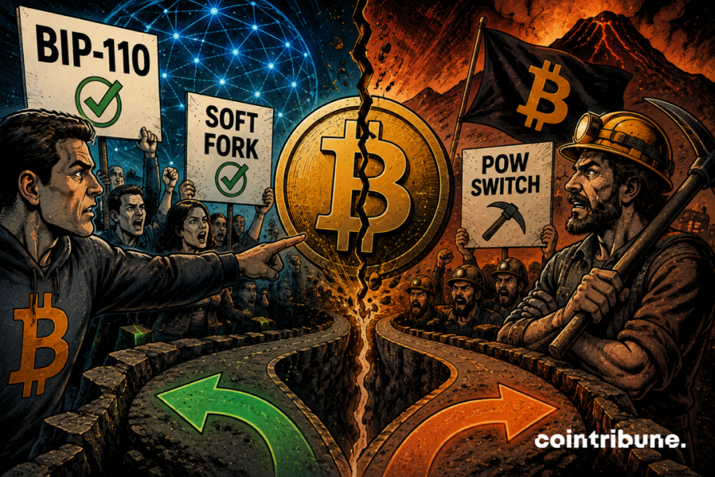 Un bitcoin fissuré sépare deux camps opposés, avec manifestants, mineurs, pancartes, pioches et routes divergentes dans une atmosphère tendue.